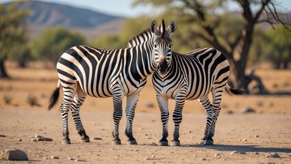 Fototapeta premium A pair of Burchell's Plains zebra standing on the plains during a safari in Namibia