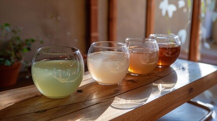 The tea bases are light pastel colors: green, beige, and orange, hinting at flavors like matcha, classic milk tea, and mango or peach