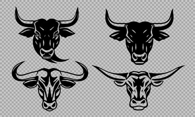 Bull head logo set, strong animal emblem, angry bull face, horned beast icon, vector illustration