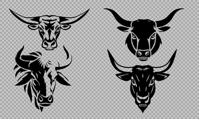 Bull head logo set, strong animal emblem, angry bull face, horned beast icon, vector illustration