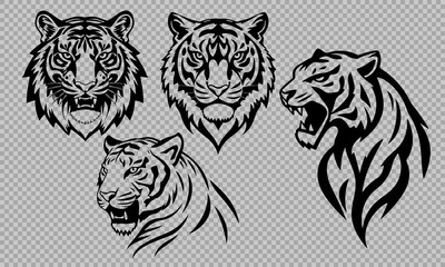 Tiger head set, wild animal icons, roaring tiger face, tribal tiger logo, vector jungle predator