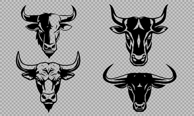 Bull head logo set, strong animal emblem, angry bull face, horned beast icon, vector illustration