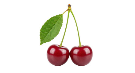 Isolated Pair of Ripe Red Cherries with Stem and Leaf