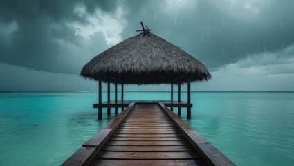Traditional overwater thatched roof bungalow of native aborigines in Kiribati lagoon during heavy rain