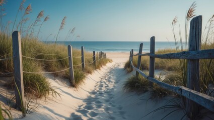 A tranquil coastal scene featuring a scenic sandy trail through dunes, bordered by beach grass and wooden fences, leading to a charming beachside view.