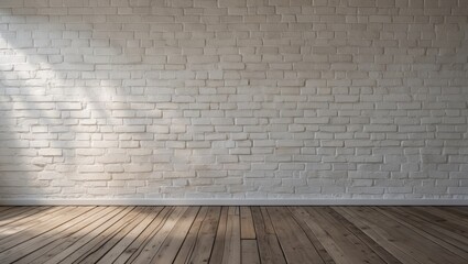 Fototapeta premium Vintage white brick wall with wooden floor backdrop