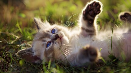 An enchanting Birman cat is attractively presented. The Birman, famous for its striking pointed coat and captivating blue eyes, has a semi - longhaired, silky coat