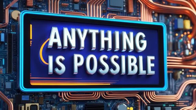 Blue LCD display with 'Anything is possible' message connected to circuit board wires in an animation