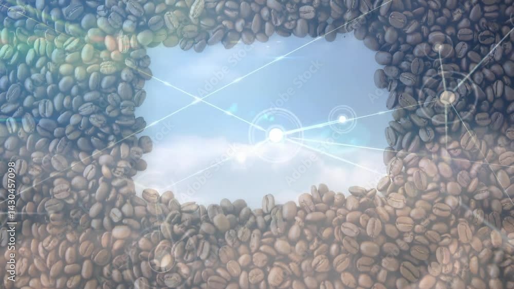 Poster roasted coffee beans framing blue sky with clouds and network nodes connecting points in 3d render