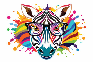 A zebra wearing sunglasses and a colorful striped face. Cartoon colorful zebra with sunglasses on white background.