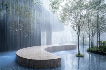 Modern, Curved Bench Surrounded by Waterfalls and Trees