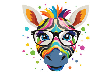 Fototapeta premium A zebra wearing sunglasses and a colorful striped face. Cartoon colorful zebra with sunglasses on white background.