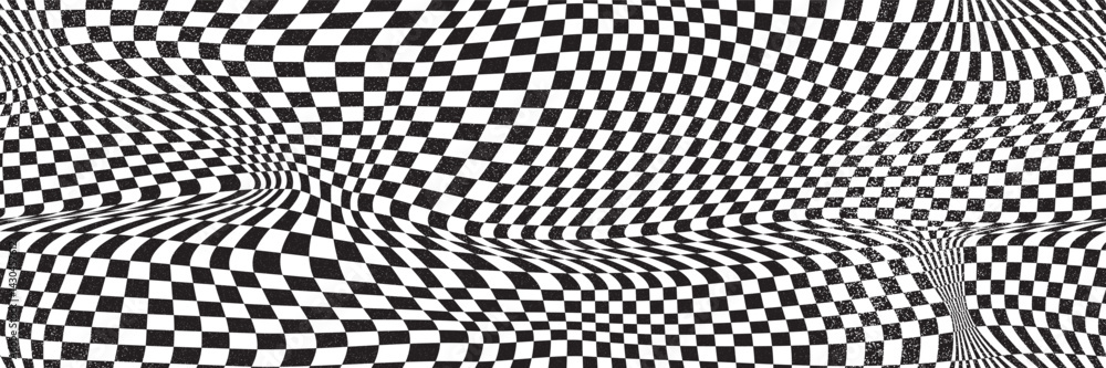 Aufkleber psychedelic groovy checkered wavy seamless bg with noise texture. black and white pattern with squar