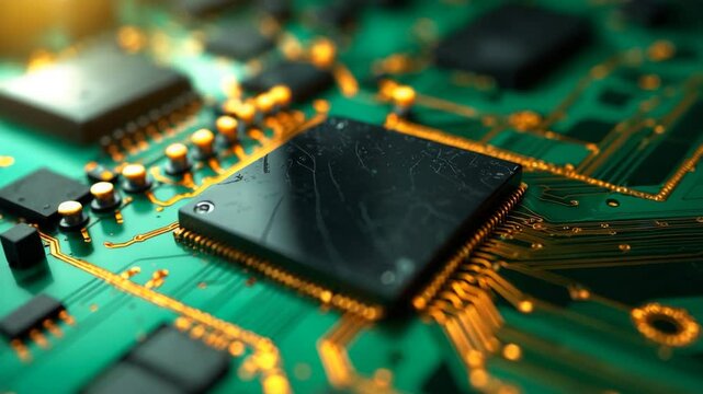 A detailed macro view of a green digital circuit board featuring multiple black microchips and elaborate gold connections