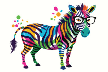 A zebra wearing sunglasses and a colorful striped face. Cartoon colorful zebra with sunglasses on white background.