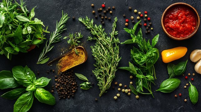 Fresh herbs spices cooking ingredients food photography dark background mint dill sage basil thyme