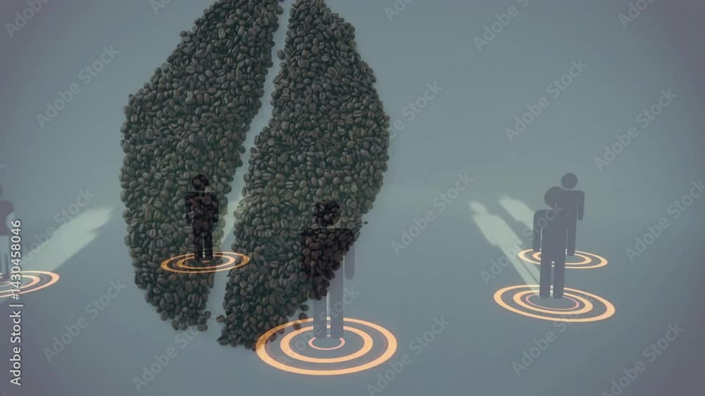 Poster coffee beans forming lung shape while glowing network lines linking silhouette icons 3d render
