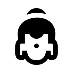 Illustration of a person with a bun hairstyle and a unique facial feature in a minimalist black and white style