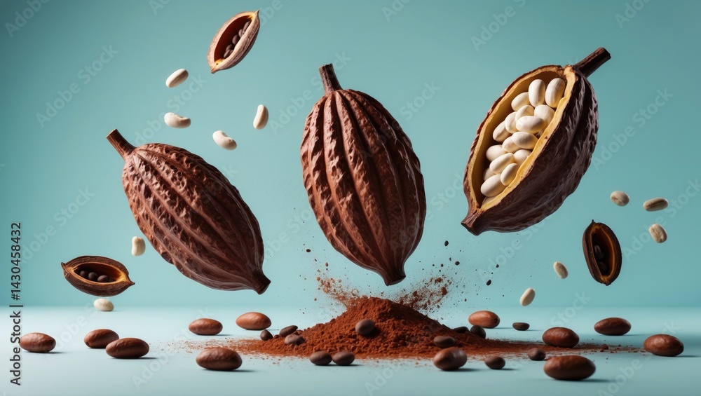 Poster isolated cocoa beans and fruit from cacao tree with a levitation design
