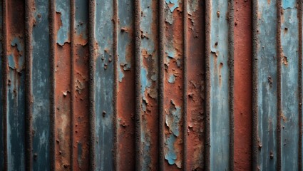 Worn rusty metal surface featuring peeling paint and grime streaks