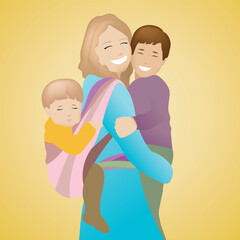 Cartoon caracter: family, mother babywearing, holding toddler 