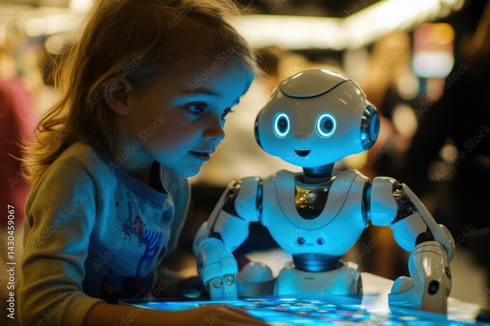 Aufkleber child interacts with friendly robot at technology exhibition in a busy setting