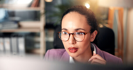 Computer, finance and reading with business woman at desk for investment or portfolio management. Agenda, glasses and information with stock market broker in workplace for strategy development