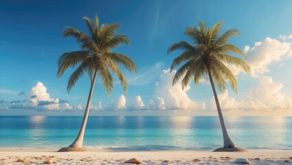 Relaxing coastal landscape featuring palm trees, ocean, and sunny sky for a holiday vibe
