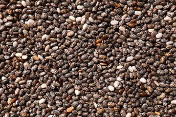close-up of organic chia seeds, promoting recovery and maintaining health due to high fiber content. concept of wellness, superfoods, nutrition. Background for text