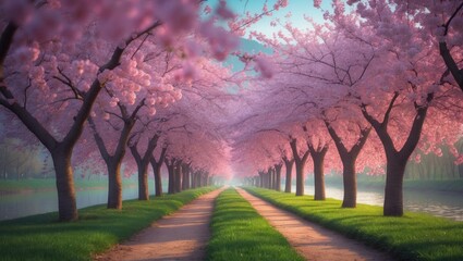 Naklejka premium Cherry Blossom Trees along the River in Nagano