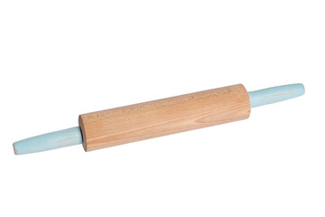Wooden rolling pin with blue handles isolated, rolling pin template for making cookies and other flour dishes, PNG, transparent