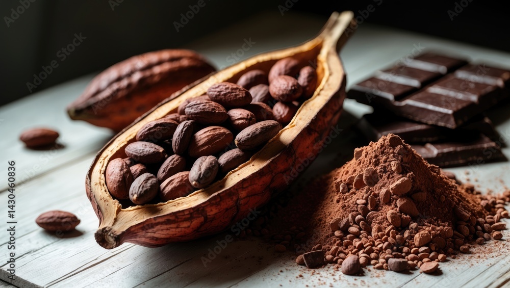 Poster cocoa pod and beans displayed on a wooden table in a tropical setting