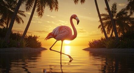 Fototapeta premium Flamingo walking at sunset in a lagoon with palm trees and orange sky