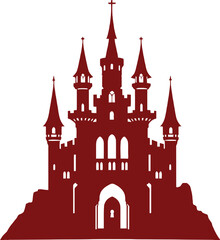 Fototapeta premium Abstract Vector Logo Icon Illustration of a Red Silhouette Castle with Tower Spires and an Arched Entrance.