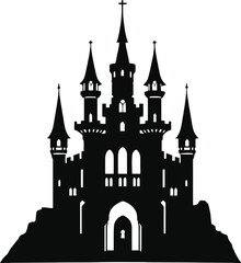 Obraz premium Abstract Vector Logo Icon Illustration of a Black Silhouette Castle with Tower Spires and Arched Windows.