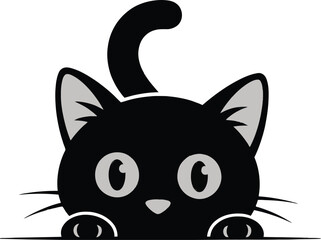 Abstract Vector Logo Icon Illustration of a Cartoon Black Cat Peeking Over a Surface.