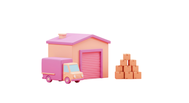Isolated Cartoon Style Delivery Truck and Storage Building with Boxes