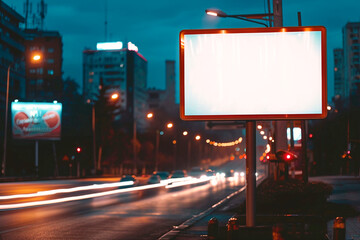 Illuminated blank billboard on a city street at night, ready for custom advertising or branding.
