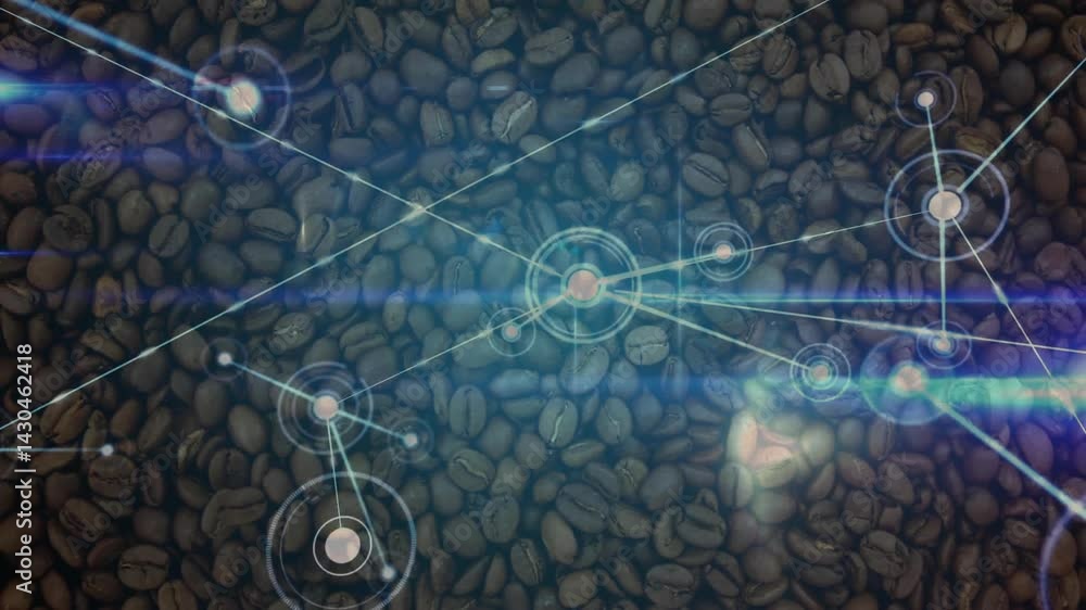 Poster macro coffee beans filling frame while glowing digital network nodes pulsing over roasted beans