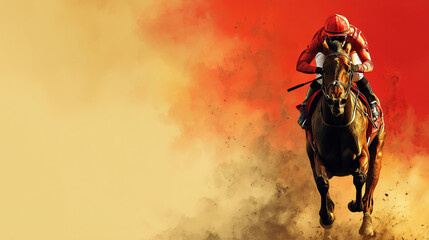 jockey and racehorse banner jumping at finish line red to gold background gradient with empty space on the left