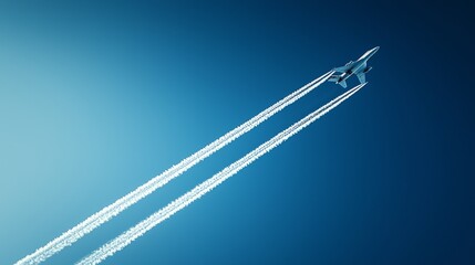 Jet soaring through a clear blue sky leaving vapor trails in the afternoon sunlight