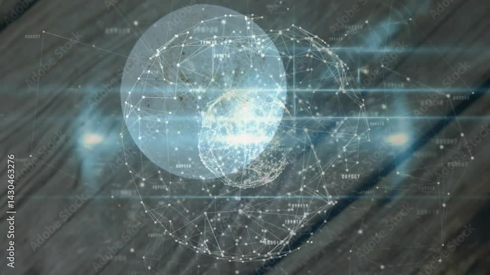 Aufkleber wireframe head rotating on wooden background, showing glowing nodes, lines and numeric labels