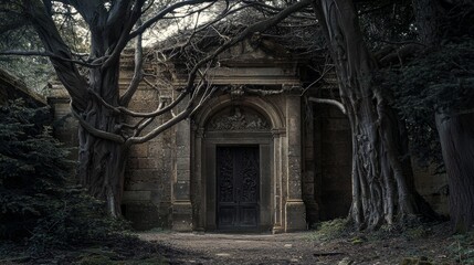 Forgotten entrance to an ancient structure surrounded by thick trees and vines at dusk in a secluded forest