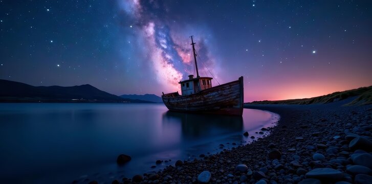 Rustic shipwreck amidst stunning starlit backdrop in Glenbeigh, County Kerry, Munster, Ireland, stars, County Kerry