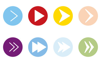 カラフルでかわいいシンプルな矢印アイコンのセット、三角・再生・早送り（丸ボタンタイプ）