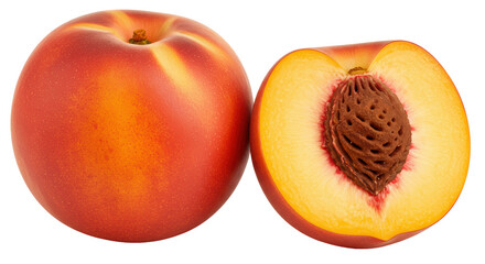 Isolated Whole and Halved Nectarine Displaying Juicy Flesh and Seed