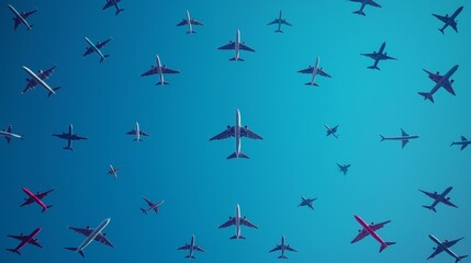 Fototapeta premium Multiple airplanes flying in the clear blue sky during a sunny day, showcasing their different designs and colors
