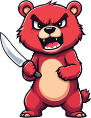 Abstract Vector Logo Icon Illustration of a Red Cartoon Bear Holding a Knife with an Angry Expression.