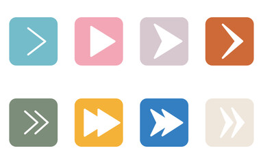 カラフルでかわいいシンプルな矢印アイコンのセット、三角・再生・早送り（四角ボタンタイプ）