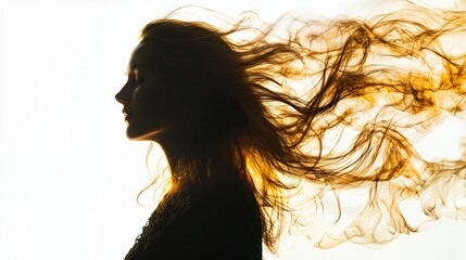 Naklejka premium Beautiful silhouette of a woman with flowing hair against a bright background during golden hour